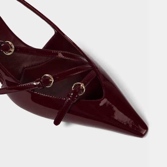 🆕sling back Kitten Heels Burgundy Pointed Toe Stiletto Sandal with Buckle Strap - Picture 6 of 7